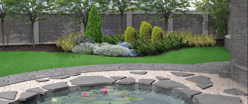 3D design rendering of a water feature in Macungie, PA, near a landscape with green plants.
