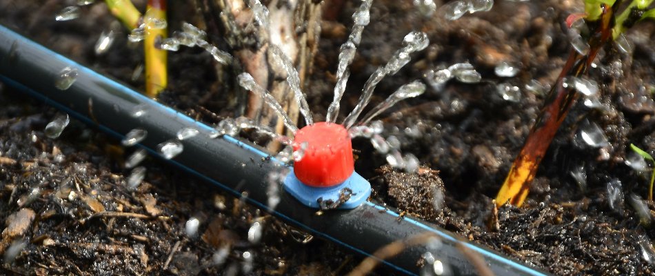 Drip irrigation system spraying water on a property in Matthews, NC.