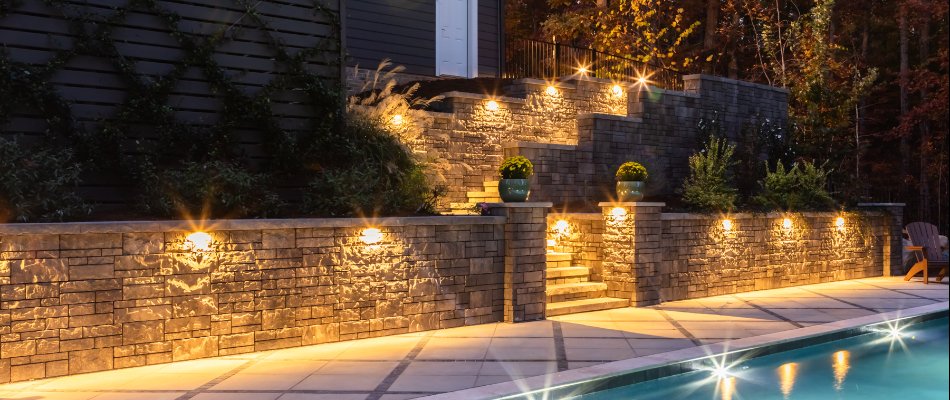 Lighting on a retaining wall in Cary, NC.