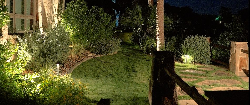 Outdoor space in New Braunfels, TX, with grass, plants, and landscape lighting.