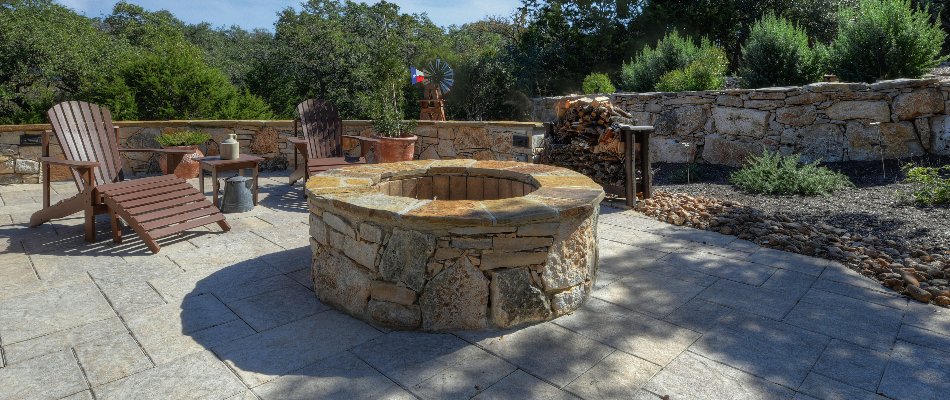 Fire pit on a patio in New Braunfels, TX.