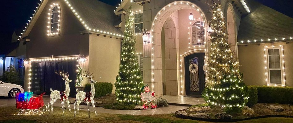 Holiday lights and decor on a house in Tulsa, OK.