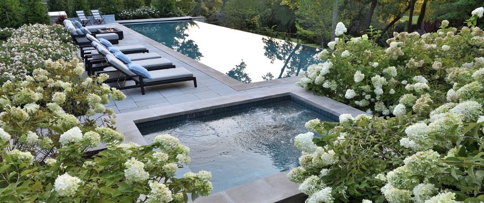 Flowers around a pool in Overland Park, KS, with a spa.