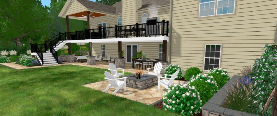 3D design rendering of a backyard in Edwardsville, IL, with fire pit and landscaping.