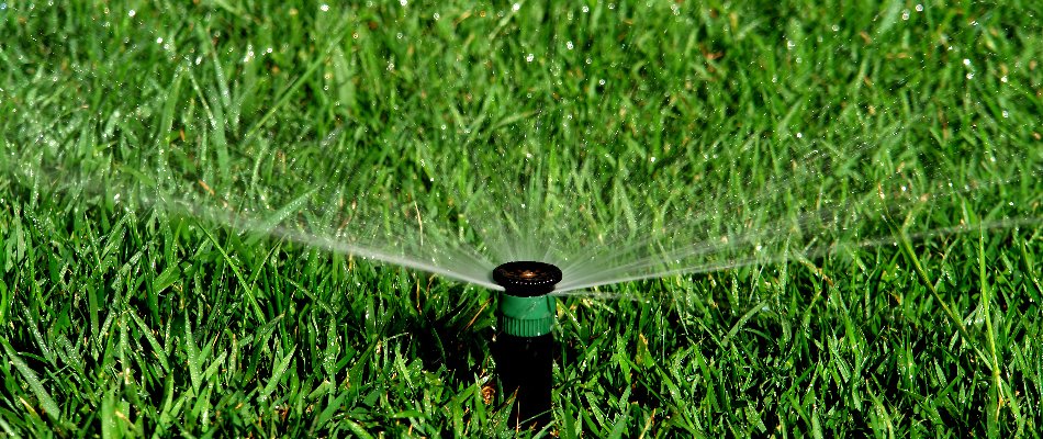 Irrigation sprinkler head with green stripe spraying water on a lawn in Gresham, OR.