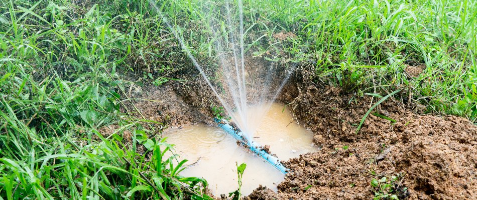 Dug up lawn in The Villages, FL, with a leaking irrigation line.