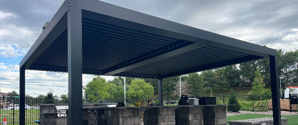 Black metal pergola in Omaha, NE.