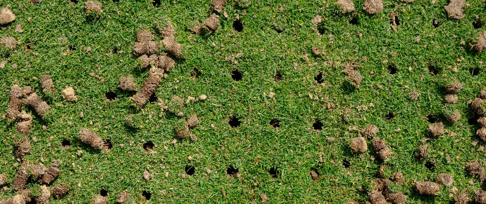 Recently aerated lawn in The Villages, FL, with soil cores.