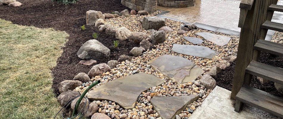 Limestone slabs in a rock landscape in Omaha, NE.