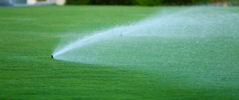 Large, green lawn in Cary, NC, with running sprinkler heads.