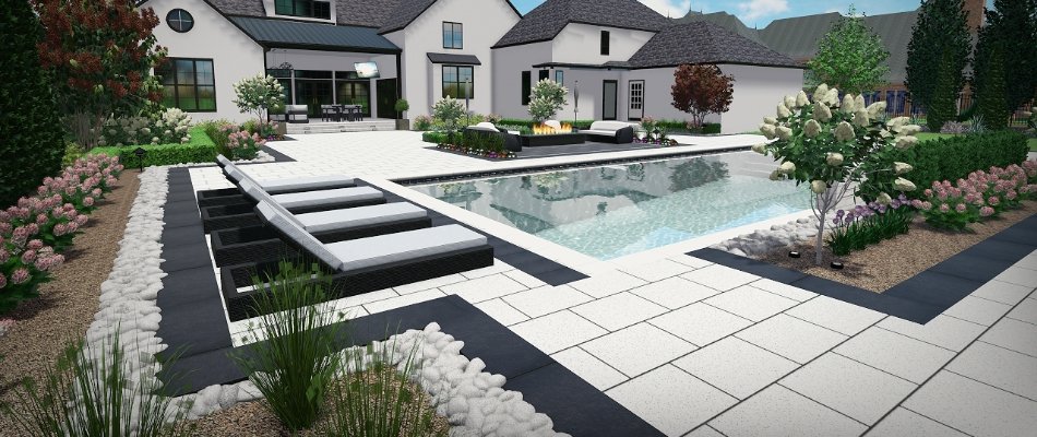 3D design of an outdoor space in Fairway, KS, with a pool and patio.