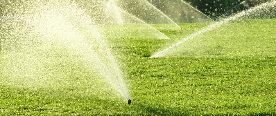 Irrigation sprinkler heads watering a green lawn in Huntsville, AL.