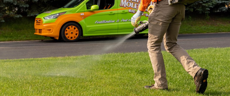 Tech treating a lawn in Grand Rapids, MI, in front of a company van.