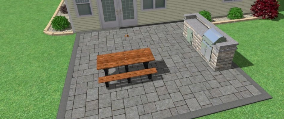 3D design rendering of a patio and outdoor kitchen in Edwardsville, IL.