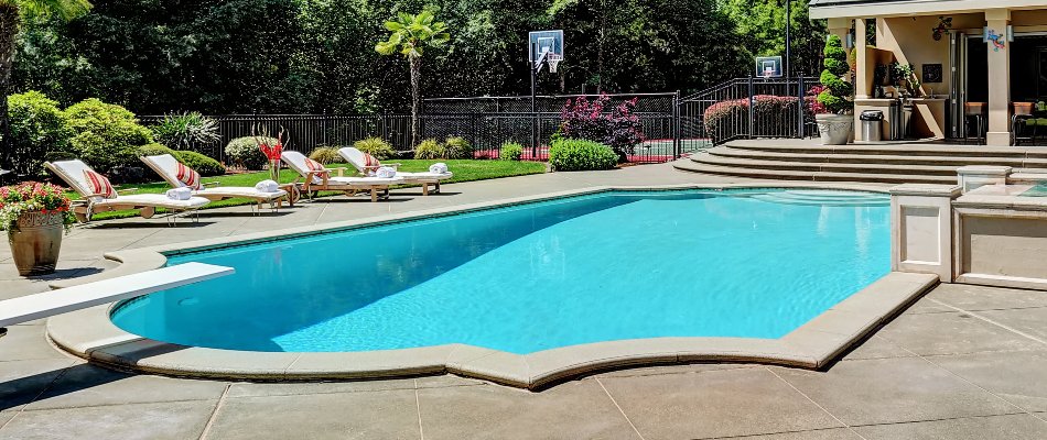 Lounge chairs and plants around a pool in Bridgehampton, NY.