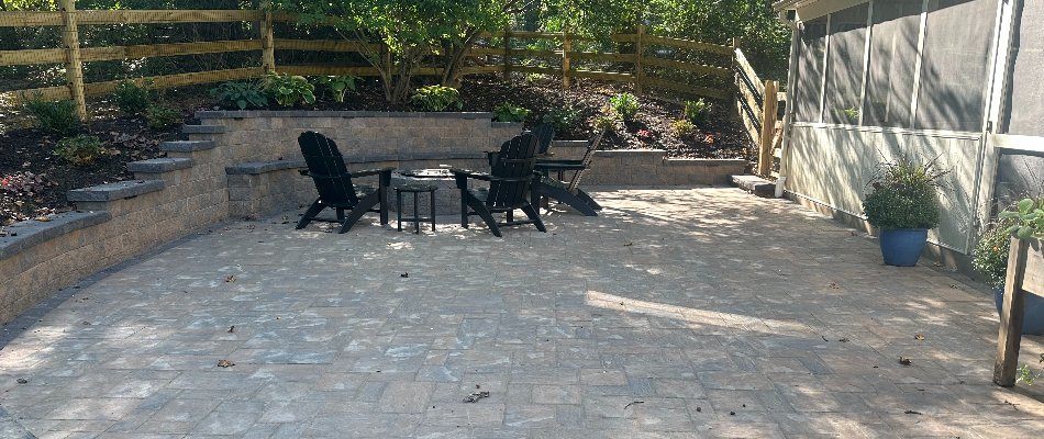 Patio, retaining wall, and fire pit in Malvern, PA.