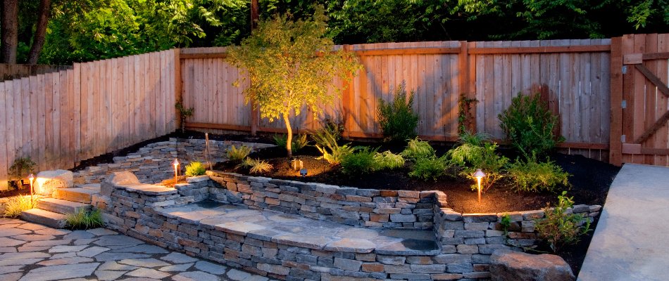 Uplighting technique on a landscape with plants in Tulsa, OK.