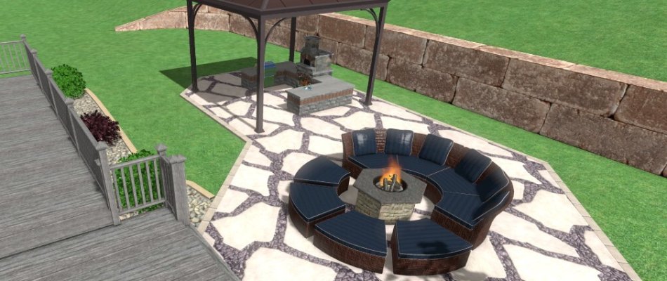 3D design rendering of a patio in Omaha, NE, with fire pit near a pavilion with outdoor kitchen.