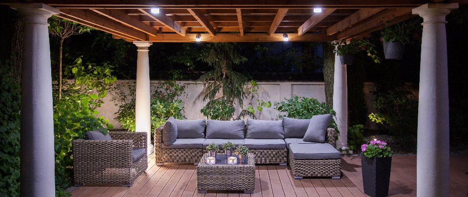 Patio area with lighting on a property in Gresham, OR.