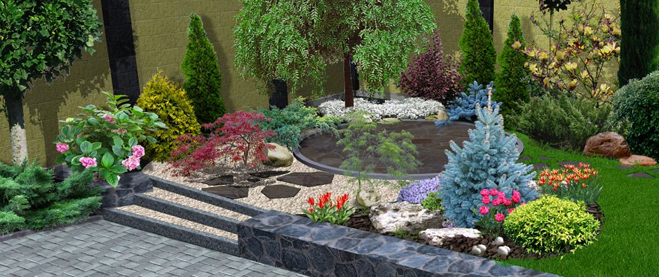 3D rendering of a patio and landscape in Macungie, PA, with flowers and shrubs.