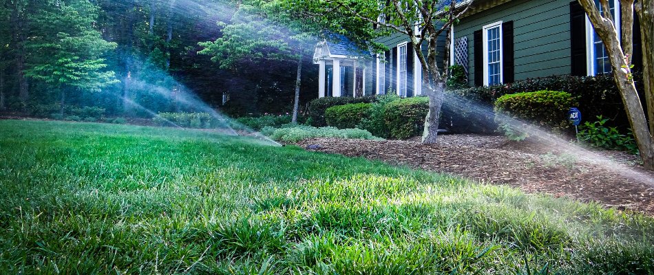 Front lawn of a house in Cary, NC, with sprinklers.