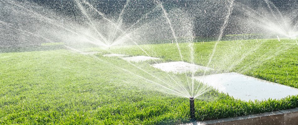 Sprinklers watering a lawn with stepping stones in Cary, NC.